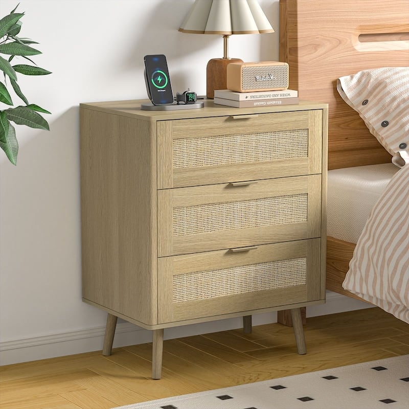 Nightstand Rattan Cane Gold Knobs Plinth Base Modern Boho Storage