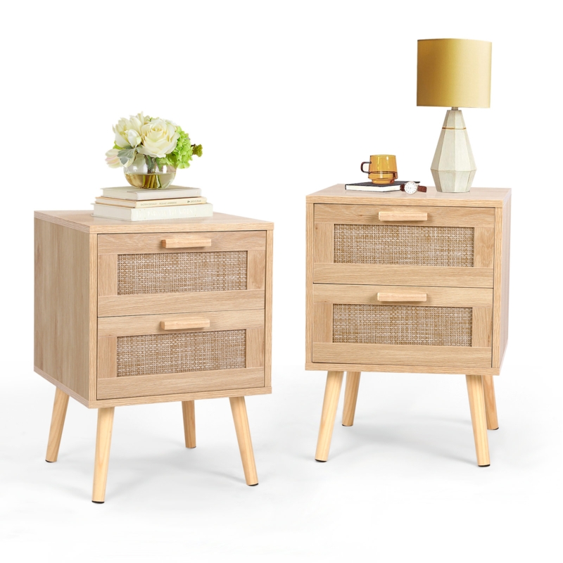 Nightstand Rattan Cane Webbing Two Drawers Bohemian Bedroom Storage