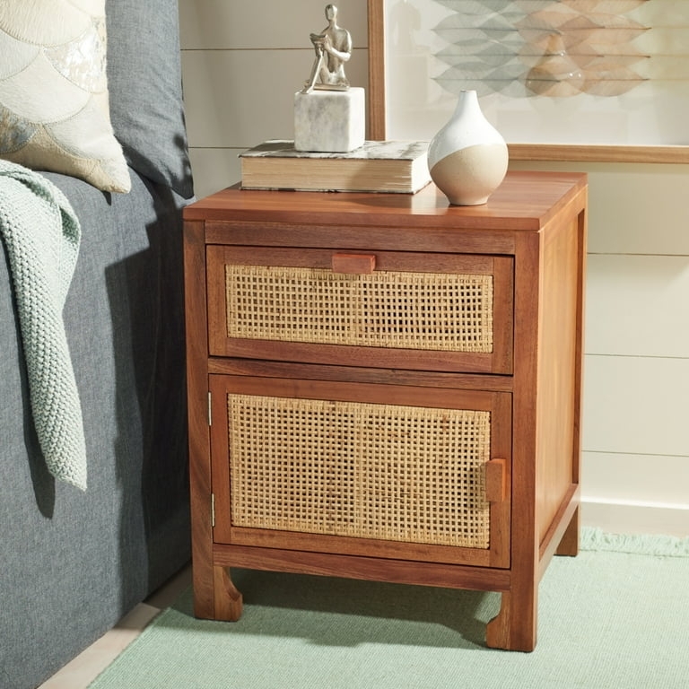 Nightstand Rattan Panel Natural Finish Slim Gold Hardware Coastal Door