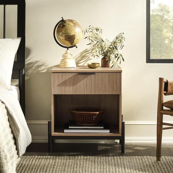 Nightstand Reeded Drawer Front Coastal Oak Finish Exposed Metal Legs