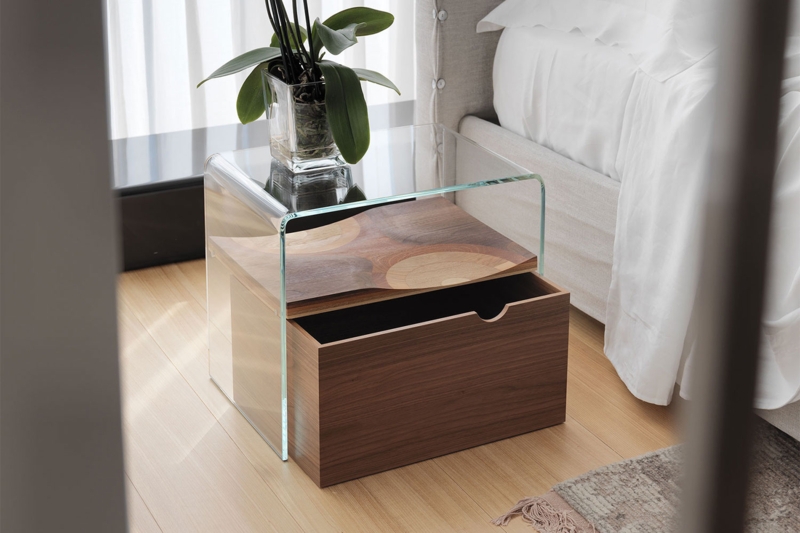 Nightstand Rotating Glass Shelf Wood Drawer Transparent Frame Modern