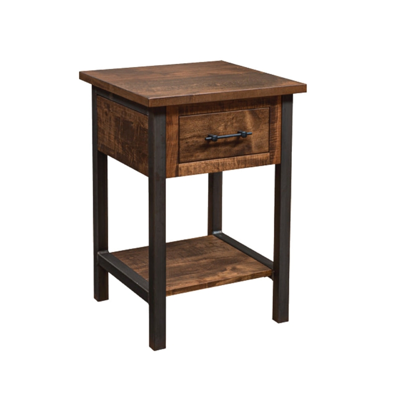 Nightstand: Rustic Single Drawer with Open Black Metal Frame