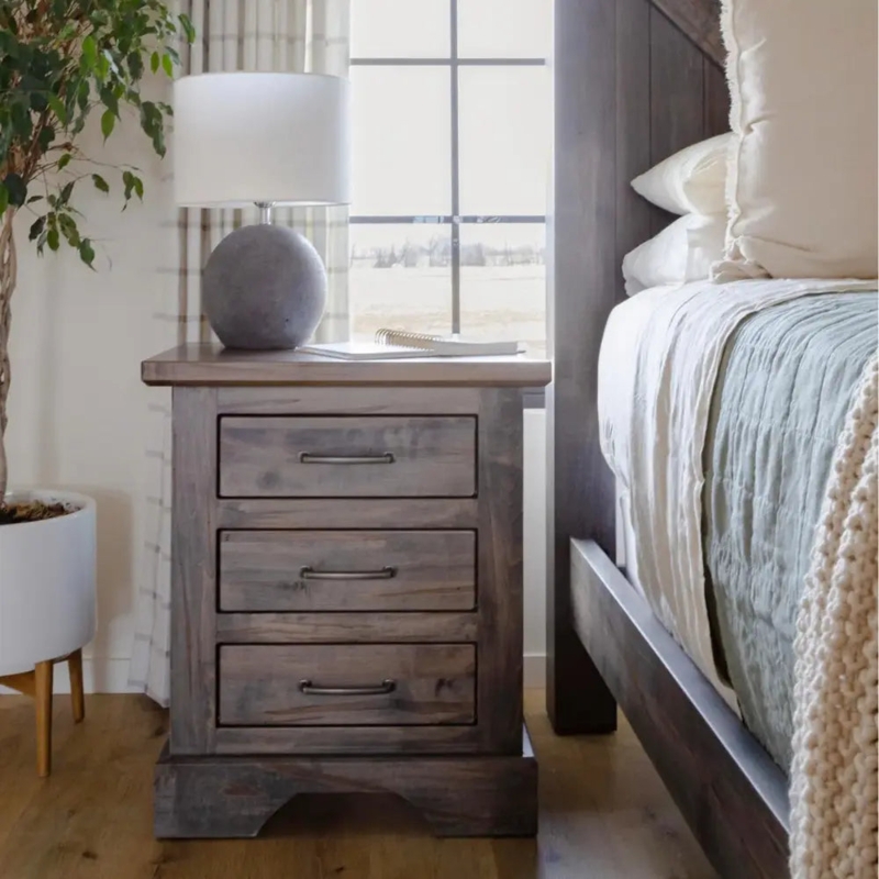 Nightstand Rustic Wormy Maple Natural Finish Block Legs Black Knobs