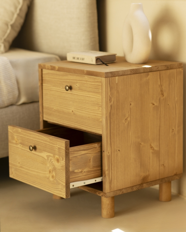 Nightstand Scandinavian Style Medium Oak Tapered Legs Black Knobs