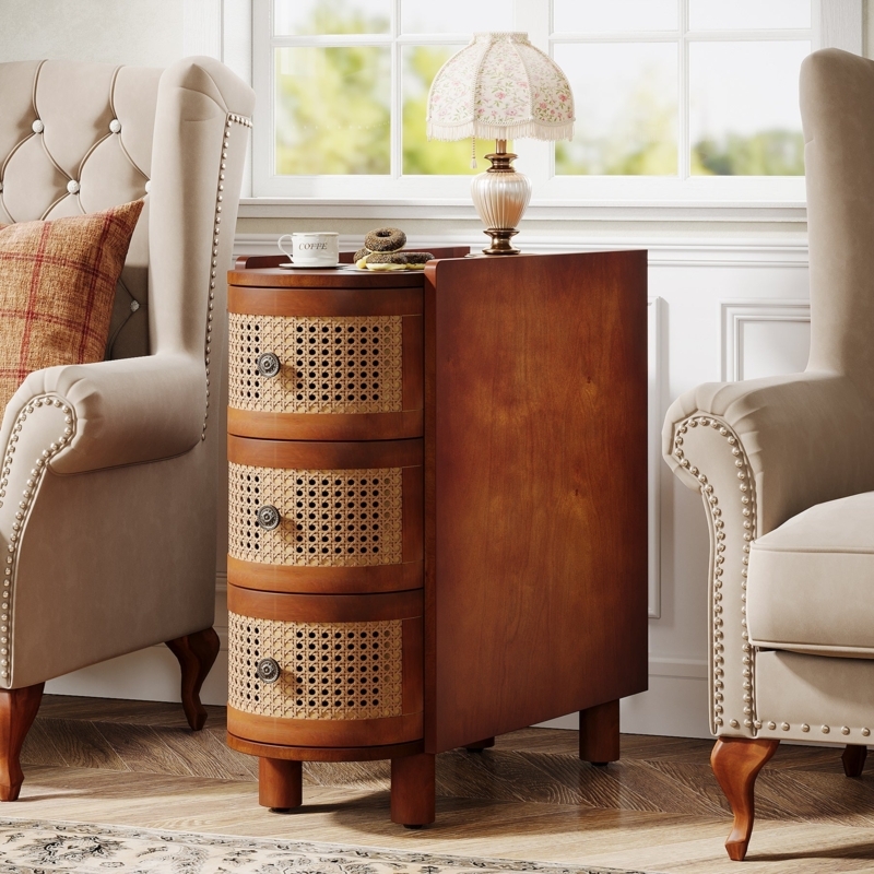 Nightstand, Semi-Circle Boho Light Oak With Rattan Drawers