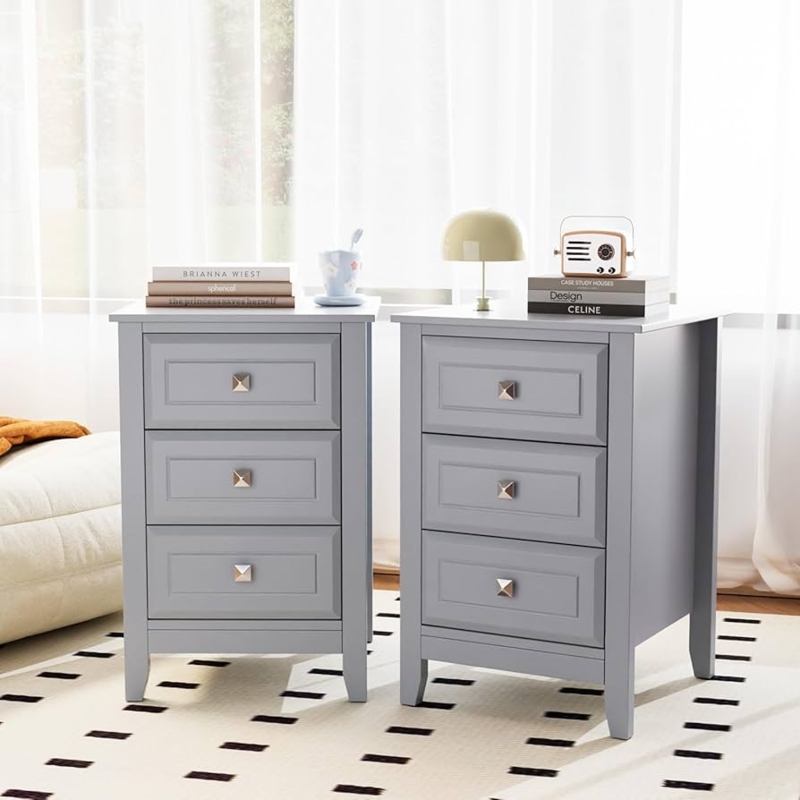 Nightstand Set Bracket Feet Three Drawers Transitional Style