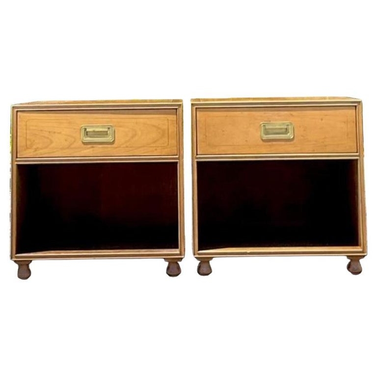 Nightstand Set Campaign Style Recessed Brass Pulls Vintage Bedroom