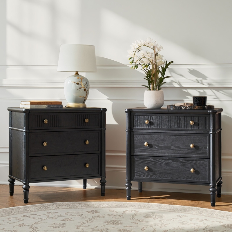 Nightstand Set Dark Wood Fluted Fronts Gold Capped Legs