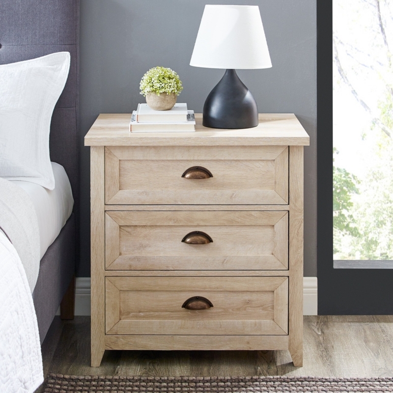 Nightstand Set Gray Wash Mitered Frame Three Drawers Transitional