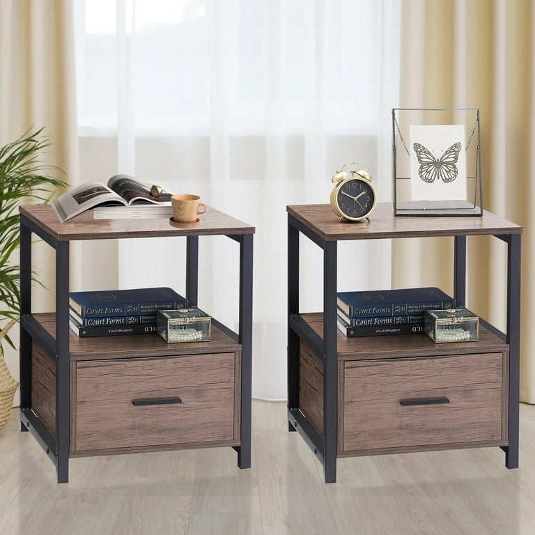 Nightstand Set Industrial Modern Square Top Black Metal Frame Open Shelf