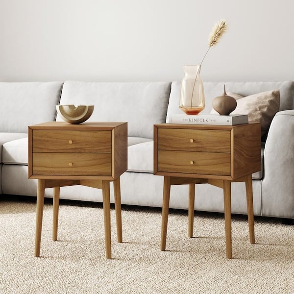 Nightstand Set Mid Century Modern Tapered Legs Recessed Handles Brown