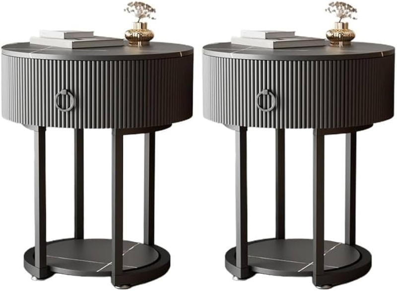 Nightstand Set of 2, Round White with Drawer, Gold Slender Legs