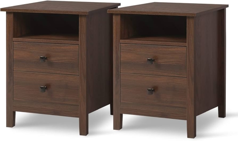 Nightstand Set of Two Brown Wood Tapered Legs Cutout Handles