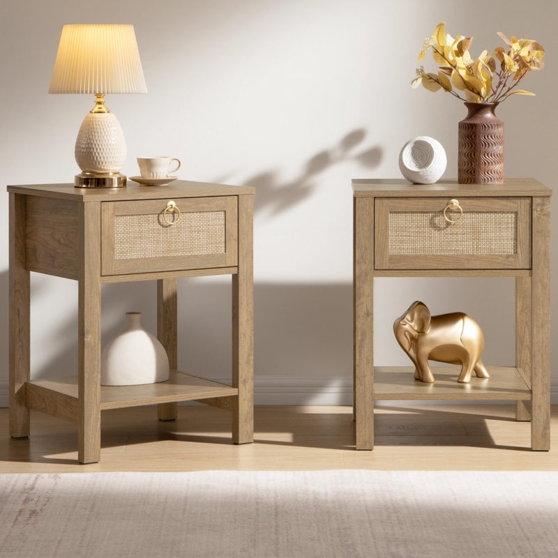 Nightstand Set Rattan Cane Drawer Gold Metal Frame Boho Modern
