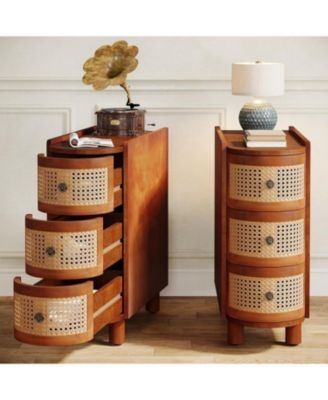 Nightstand Set Rattan Drawer Fronts Three Drawers Boho Wood Toned Finish