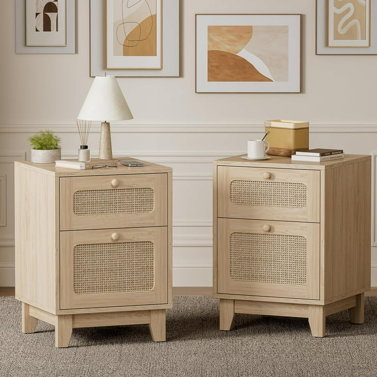 Nightstand Set Rattan Drawer Open Cubby Natural Wood Small Space
