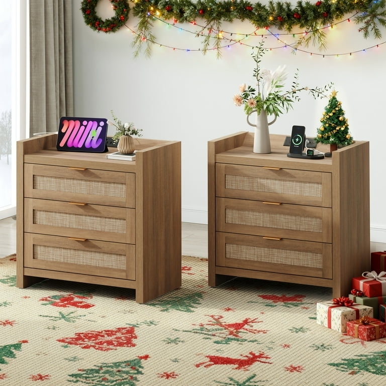 Nightstand Set Top Mounted Charging Rattan Inlay Fronts Boho Decor