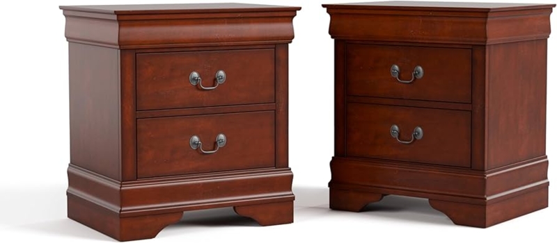 Nightstand Set Traditional Cherry Wood Three Drawers Antique Nickel