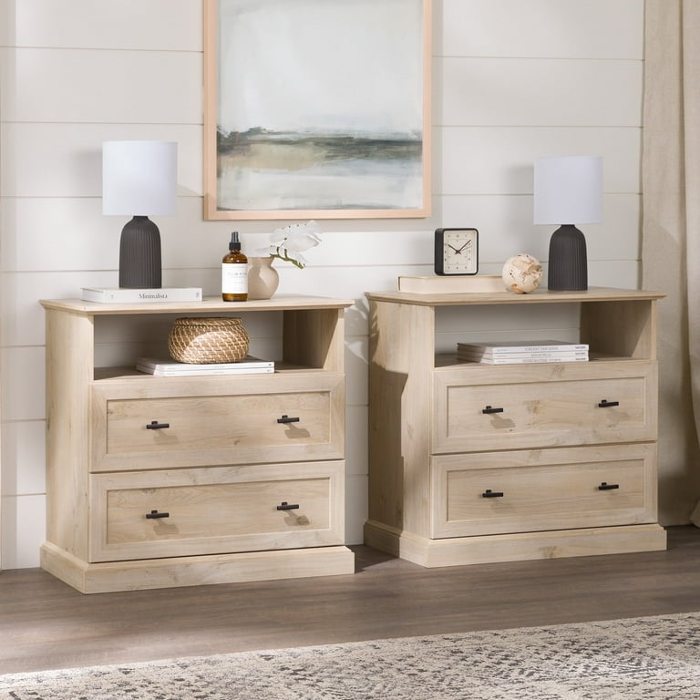 Nightstand Set White Oak Two Drawers Integrated Handles Transitional