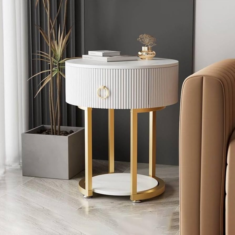 Nightstand Set, White Stone-Like Top, Gold Metal Sled Base, Drawer