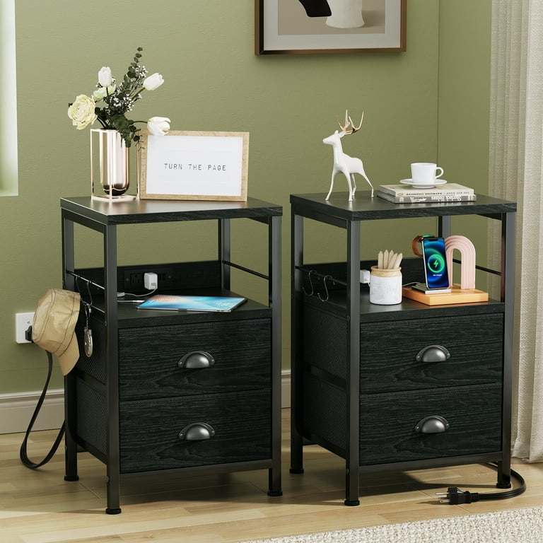 Nightstand Set with Fabric Drawers, Side Hooks and Outlets