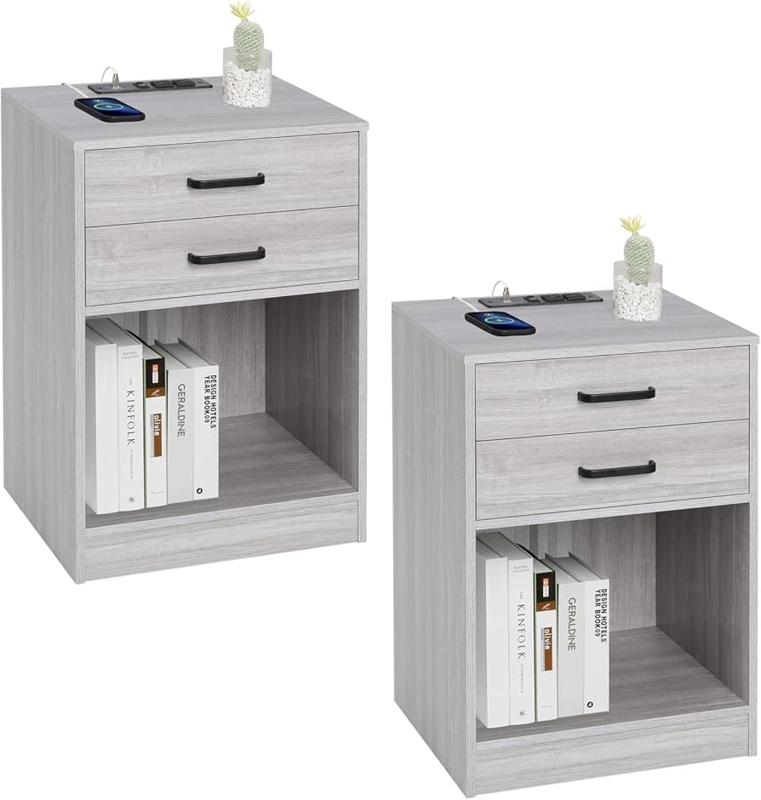 Nightstand Set with Integrated Charging Station and Gold Accents