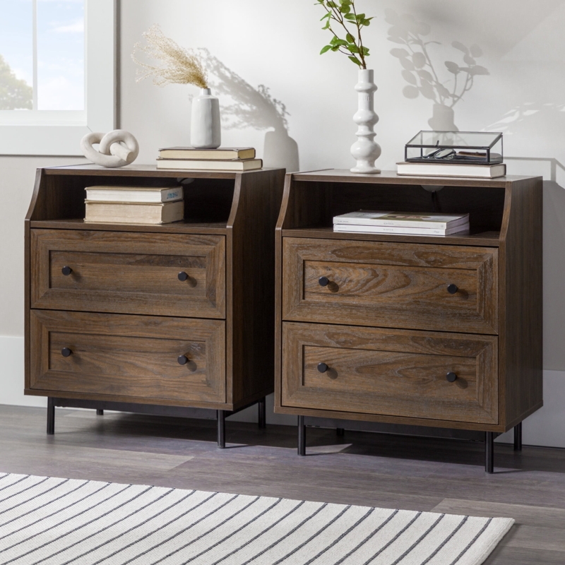 Nightstand Set with Recessed Pulls, Dark Walnut Finish & USB Port