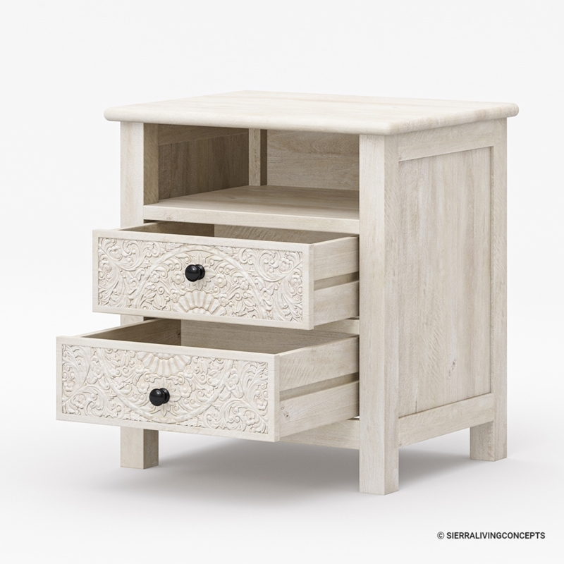 Nightstand Shabby Chic Weathered Whitewash Hand Carved Floral Motifs