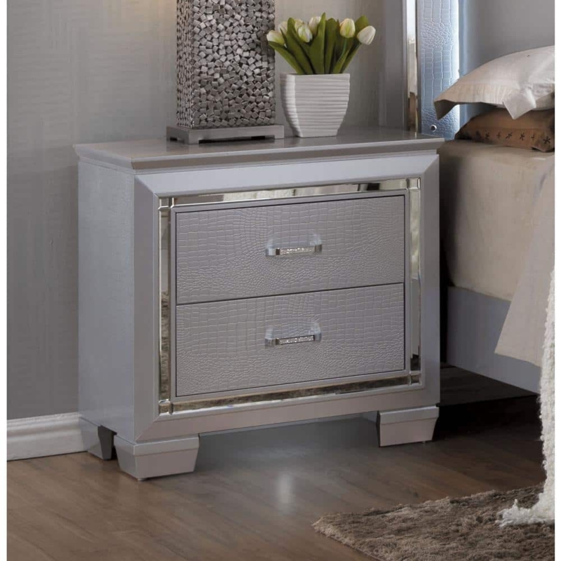 Nightstand, Shimmering Metallic with Crocodile Texture, Crystal Knobs