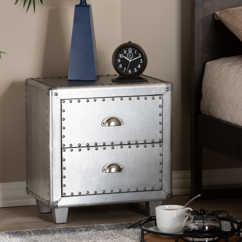 Nightstand: Silver Metal Bedside Table with Rivet Details