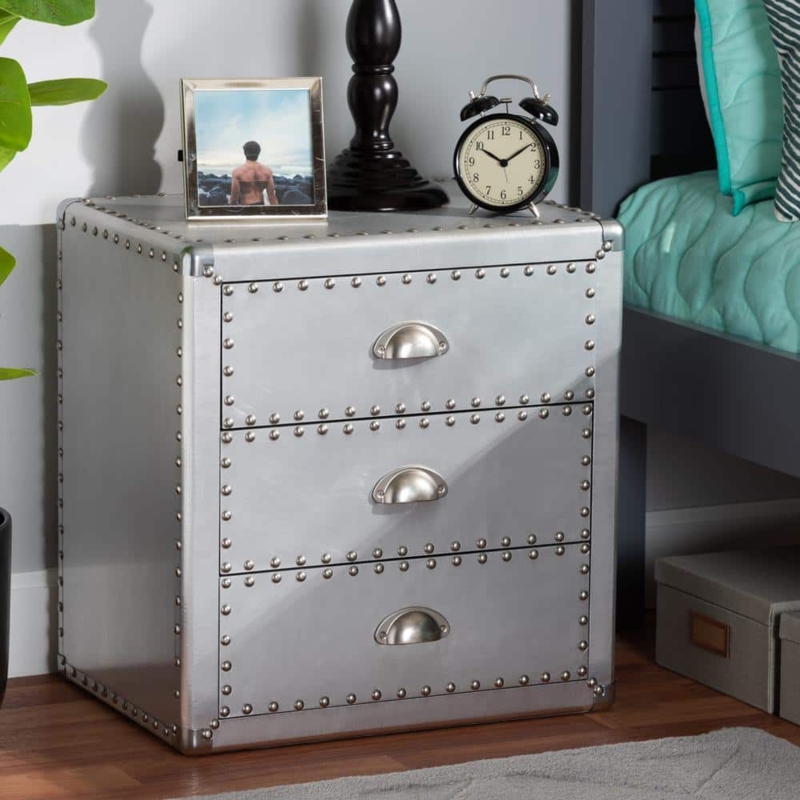Nightstand: Silver Metal Three Drawer Chest with Oversized Ring Pulls