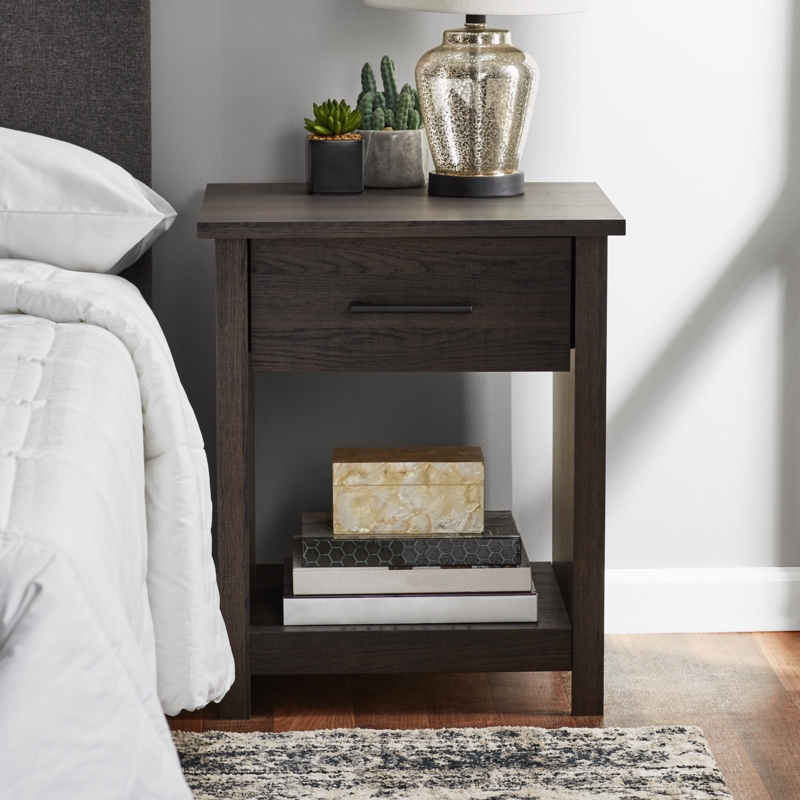 Nightstand Single Drawer with Open Lower Shelf Metal Knob Bedside Table