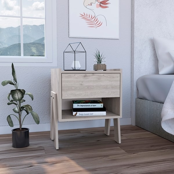 Nightstand Single Top Drawer Open Shelf Tapered Legs Minimalist
