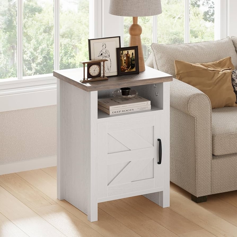 Nightstand Sliding Barn Door White Two Tone Wood Top Black Hardware