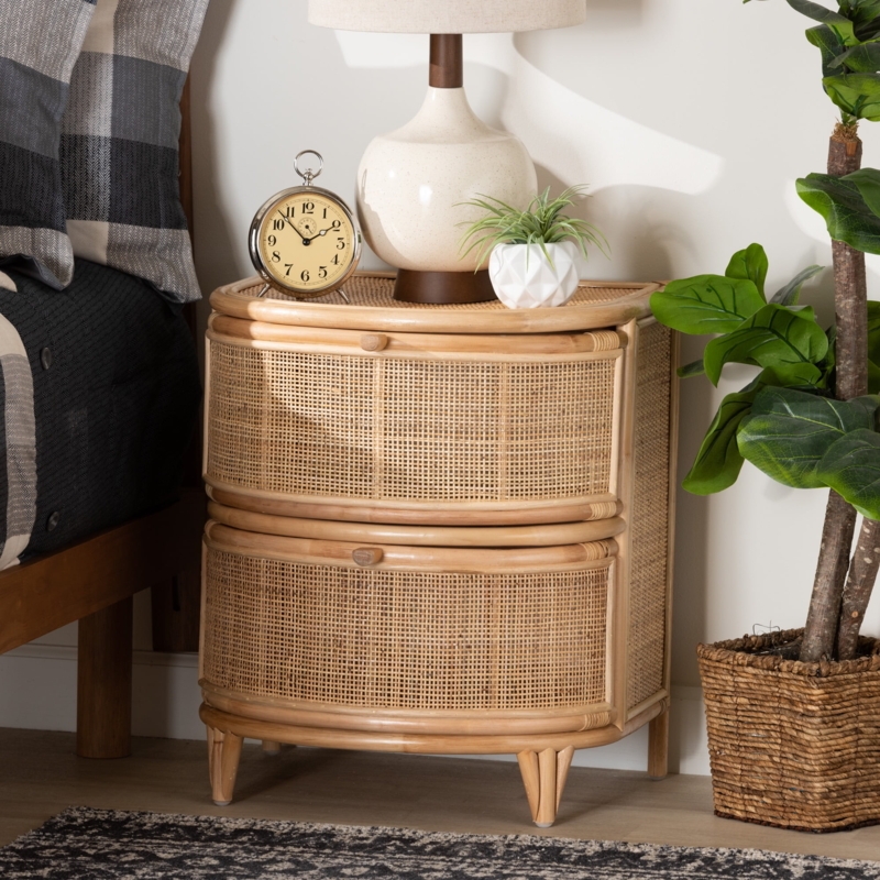 Nightstand Slim Black Legs & Rattan Fronts Boho 2-Drawer