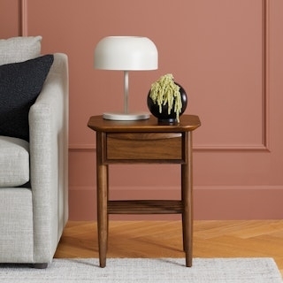 Nightstand Spindle Shelf Drawer Storage Tapered Legs Walnut