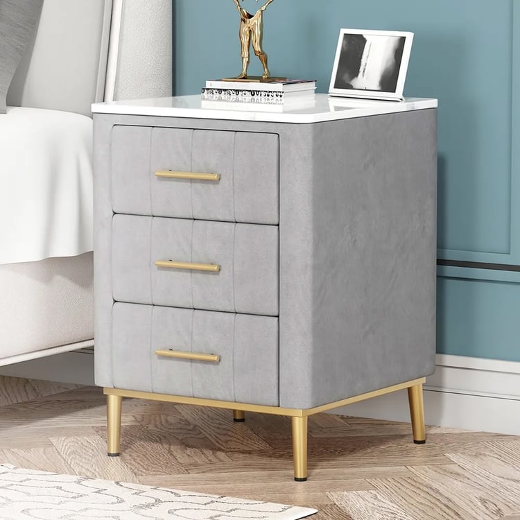 Nightstand Stone Top Gray Velvet Upholstered Gold Metal Legs