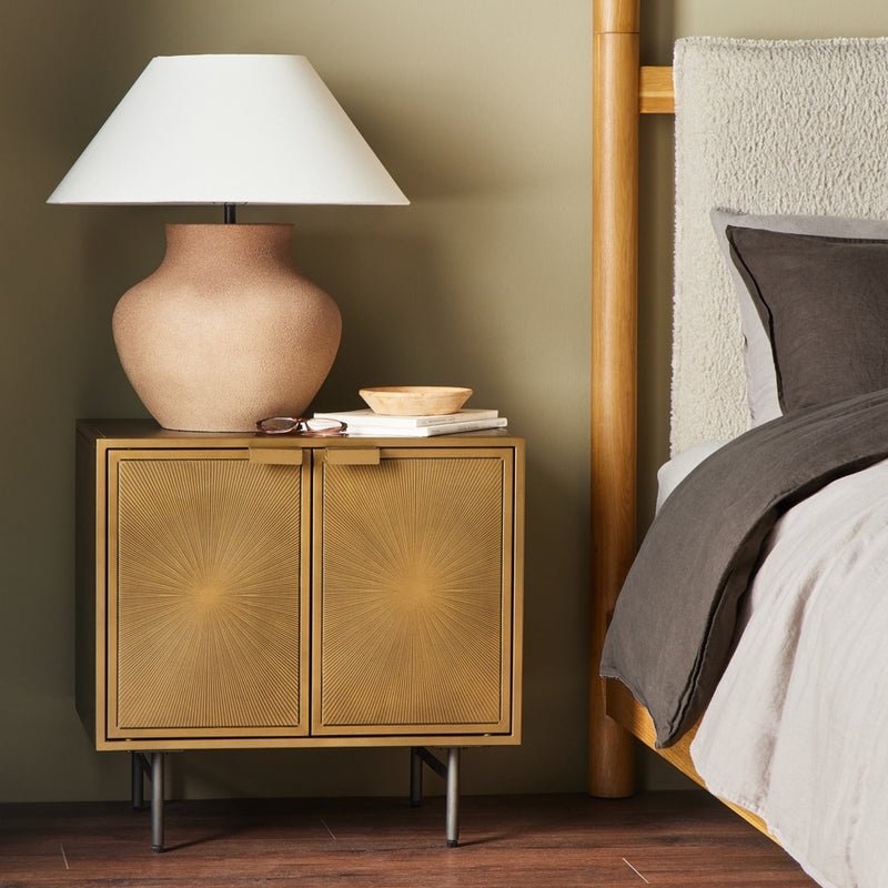 Nightstand Sunburst Pattern Aged Brass Cylindrical Drum Storage