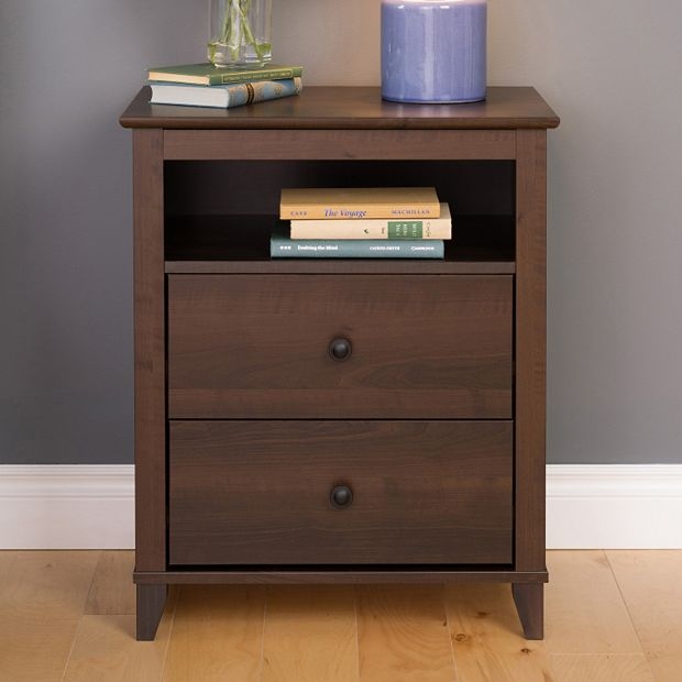 Nightstand Tall Profile 2-Drawer Open Cubby Espresso Storage