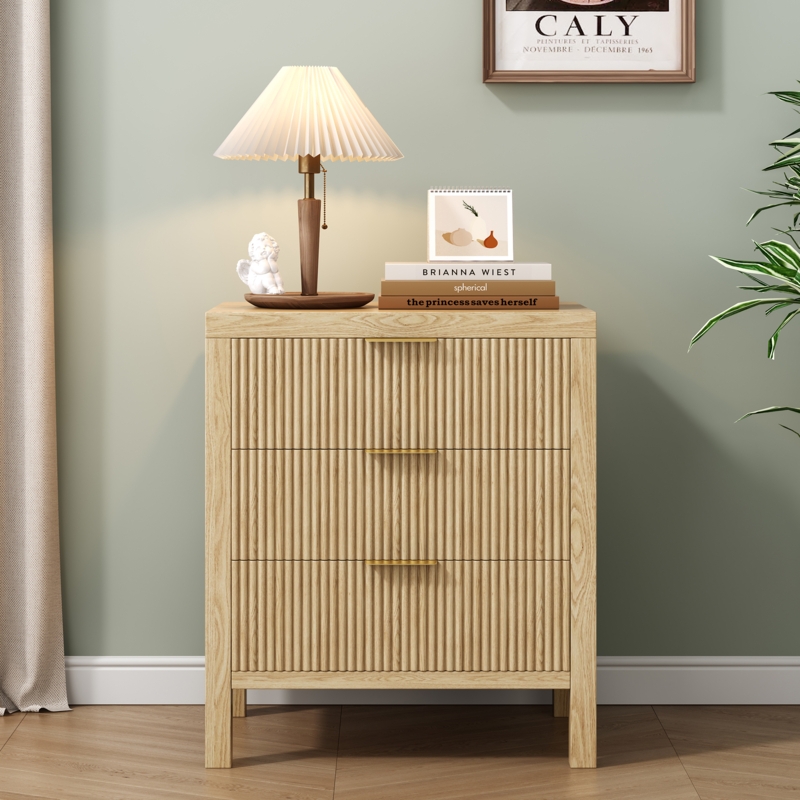 Nightstand Tall Slim Profile Three Drawers Woven Fronts Small Space