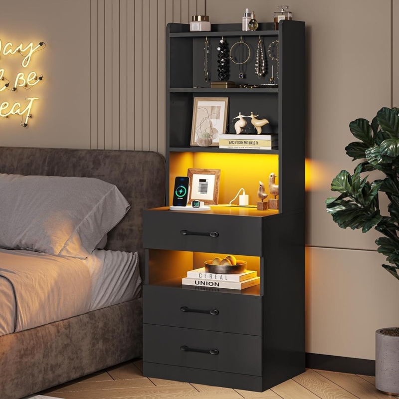 Nightstand Tall White Handleless with Three Drawers & Shelves