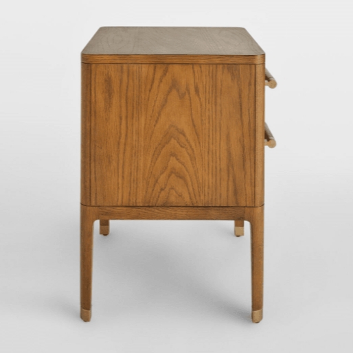 Nightstand Tapered Legs Wood Toned Circular Pulls Metal Caps