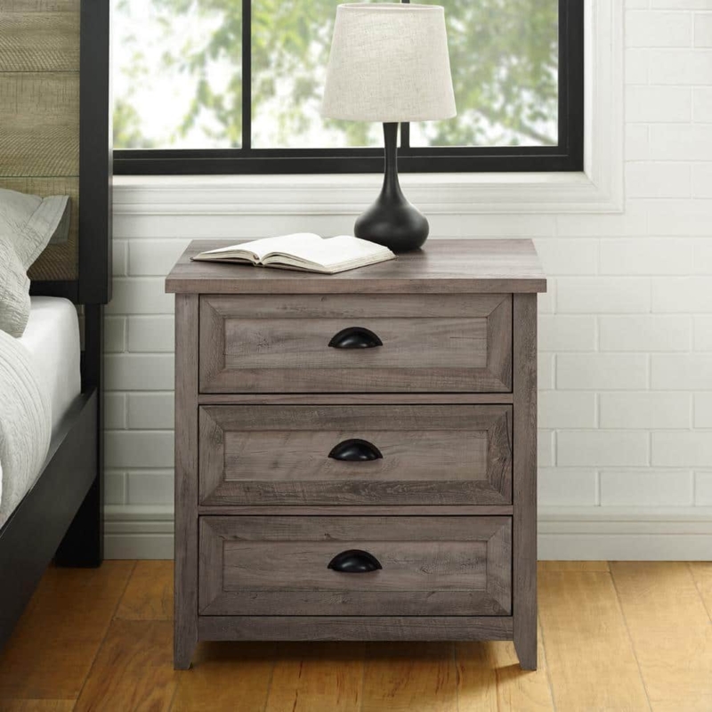 Nightstand Three Drawer Grey Wash Cutout Handles Plinth Base