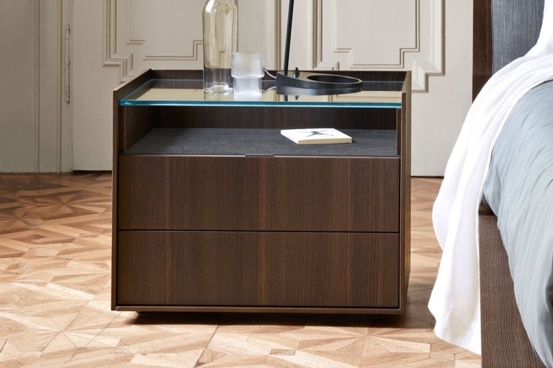 Nightstand Tinted Glass Top Charcoal Matte Finish Open Shelf Modern