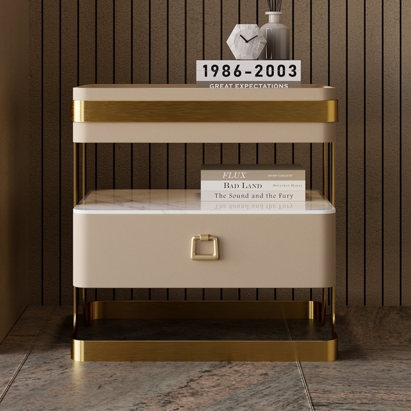Nightstand Tinted Glass Top Stone Shelf Gold Frame Single Drawer Cream