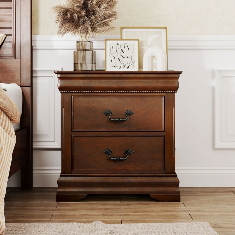 Nightstand Traditional Cherry Finish Bun Feet Two Drawer Classic Design