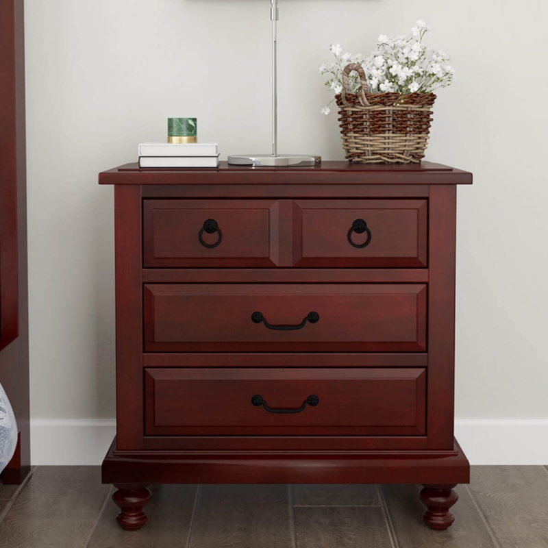 Nightstand Traditional Mahogany Wood Three Drawers Brass Ring Pulls