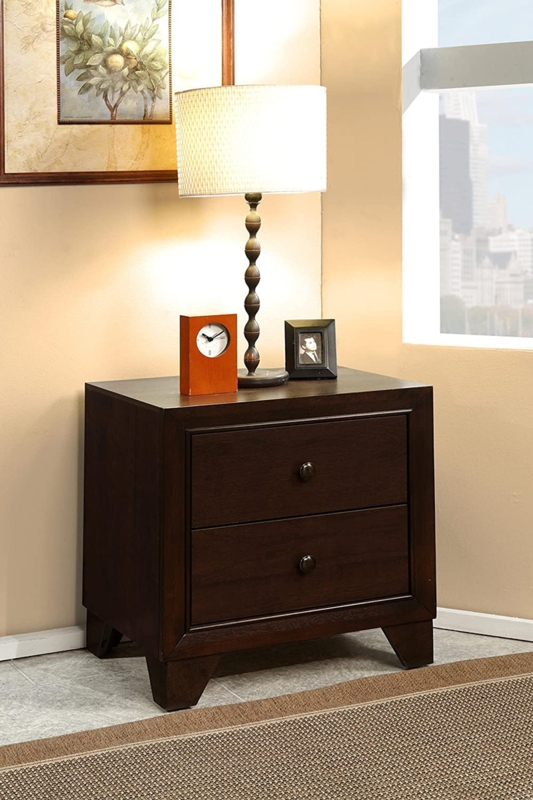 Nightstand Transitional Espresso Two Drawer Tapered Legs Storage Table