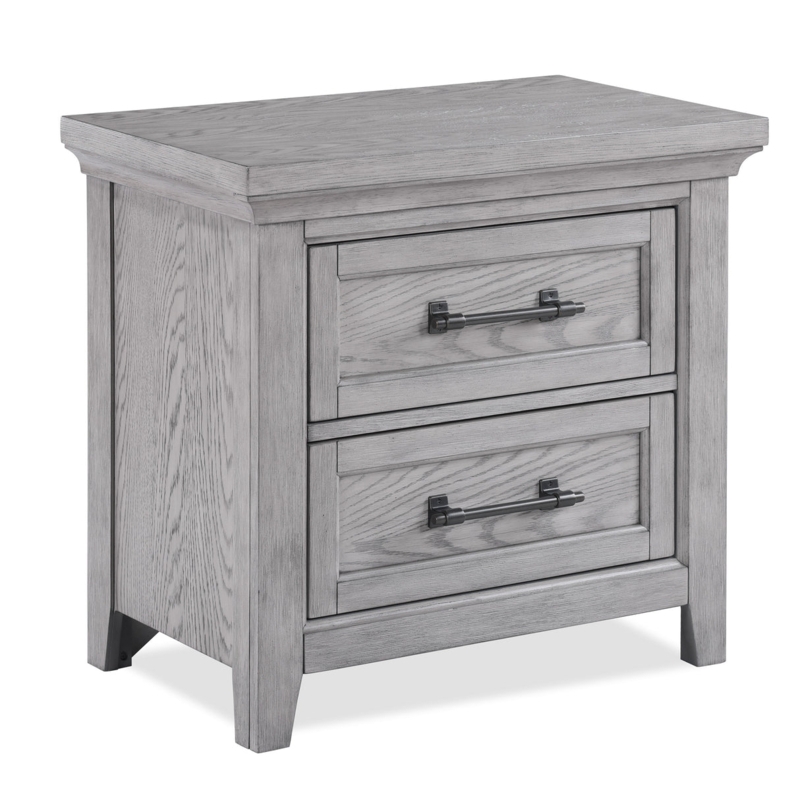 Nightstand Two-Drawer Distressed Finish Block Feet Bar Pulls