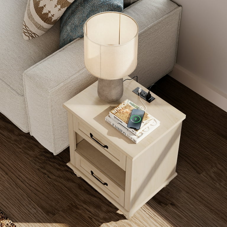 Nightstand, Two Drawers & Charging Station, Scandinavian Two-Tone Finish